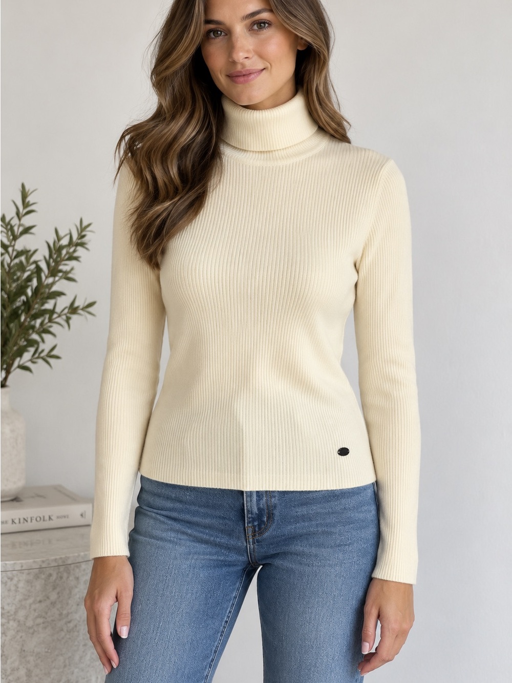 Lauren Ralph Lauren XL Ivory Ribbed Cotton Modal Turtleneck Sweater Logo